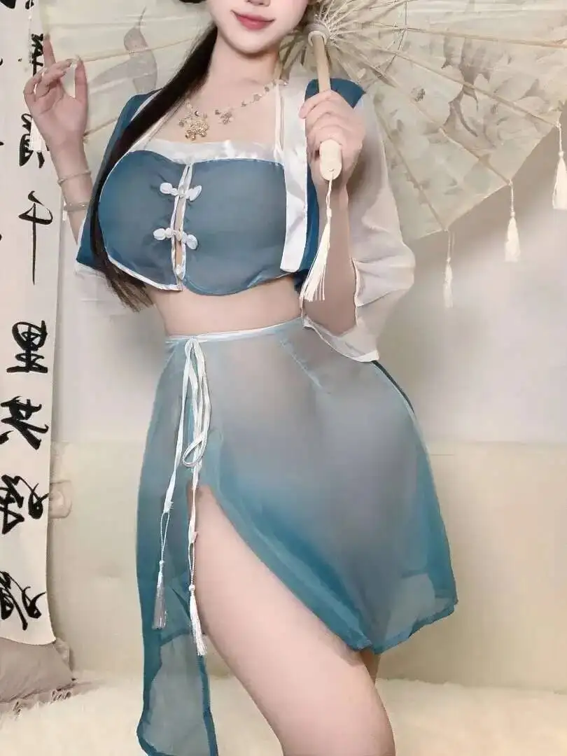 Sexy Ancient Style Improve Hanfu Tempting Chinese Skirt Sets Transparent Deep V Half Sleevess Skirt Sets Charming Elegant EVLX