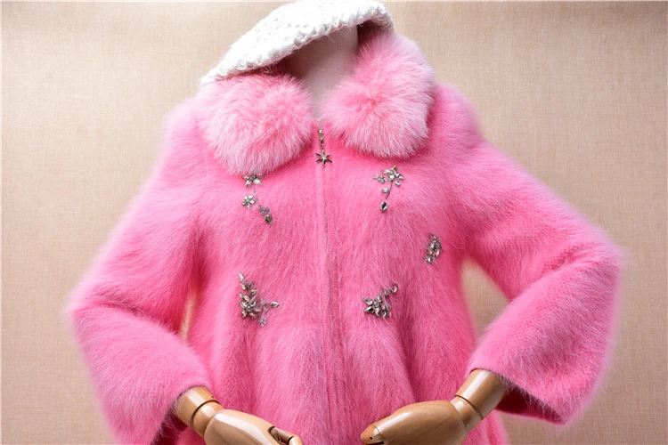 Women Mujer Autumn Winter Clothing Pink Beading Hairy Mink Cashmere Knitted Fur Collar Long Sleeves Loose Cardigans Sweater Coat