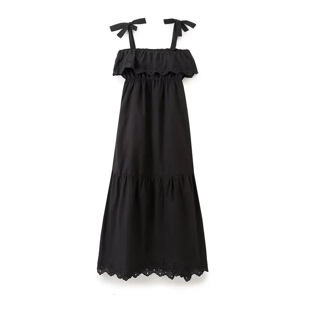 Guobioziy Summer Women Square Neck Bow Spaghetti Strap Black Midi Dress Eyelet Embroidery Tiered Casual Beach Sundress