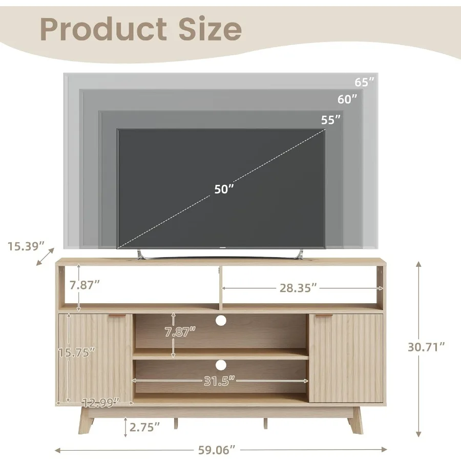 ตู้วางทีวีสไตล์มิดเซ็นจูรี่โมเดิร์น ขนาด 59 นิ้ว พร้อมที่เก็บของ ตู้วางทีวีทรงสูงพร้อมบานประตูแบบร่อง 2 บาน เหมาะสำหรับ