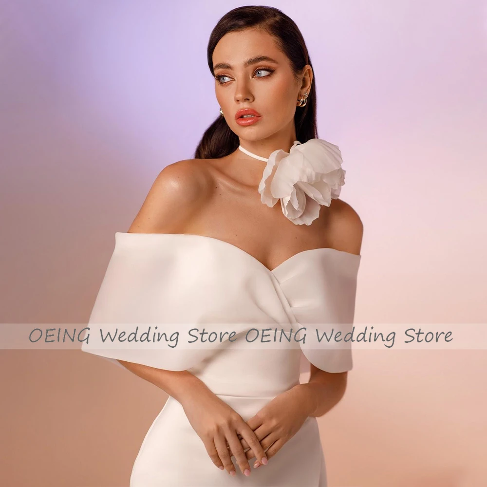 Midi Wedding Dress White Satin Off the Shoulder Column  Gowns for Women 2023 Bride Sheath Tea Length Short Bridal Dresses