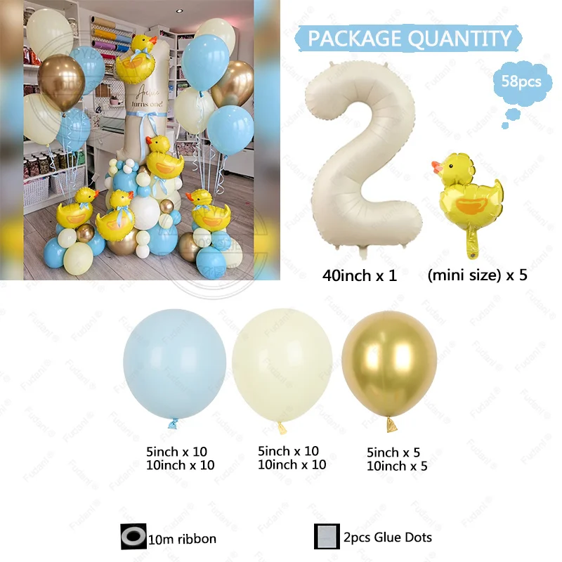 58pcs Mini Duck Balloon Arch Garland Kit 40inch Cream Color Number Blue Latex Balloons for Boy Girl Birthday Party Decor