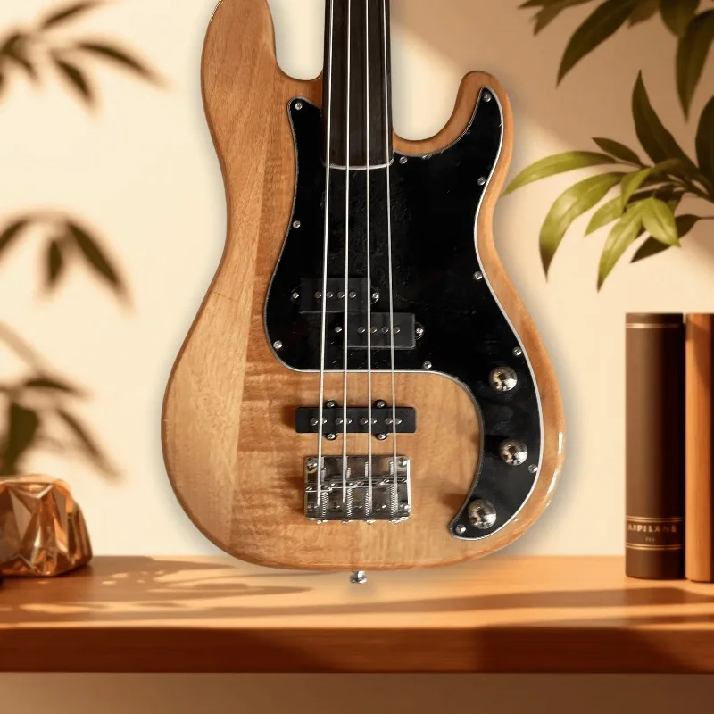 Hot Sales 4 String Fretless Electric Bass Guitar Natural Wood Finish Black Pickguard PB Style Bass Beginner Unisex