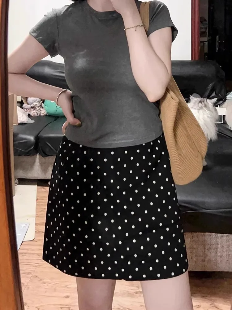 

Black Polka Dot Suit Short Skirt Women's Summer Thin Large Size Fat MM Belly Covering Slim Pear Shaped A-Line Half Skirt