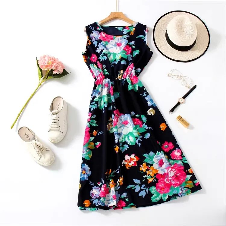 

Fashionable Floral Print Midi Dress Sleeveless Mommy Style Mid-Aged Women's Clothing Korean Style Loose Fit round Neck Dress