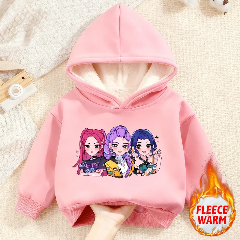 شيطان هنتر فتاة طفل الوردي مقنعين الشارع الشهير قميص سميكة مبطن بالصوف لطيف أنيمي طباعة Kawaii شتاء دافئ الكشمير الملابس