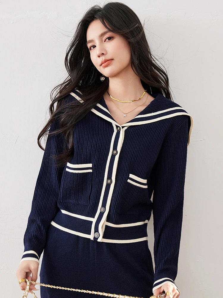 Autumn Winter Women Navy Blue Knitted Cardigans Fashion Loose Sweet Single Breasted Sailor Collar Pullover Sweater