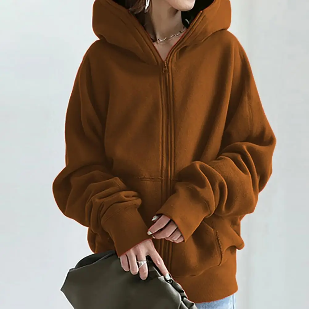 Fashion Hooded Sweatshirt Long Sleeve Zipper Closure Oversized Mid-length Sweatshirt Jacket Autumn Solid Color Women Hoodie Coat