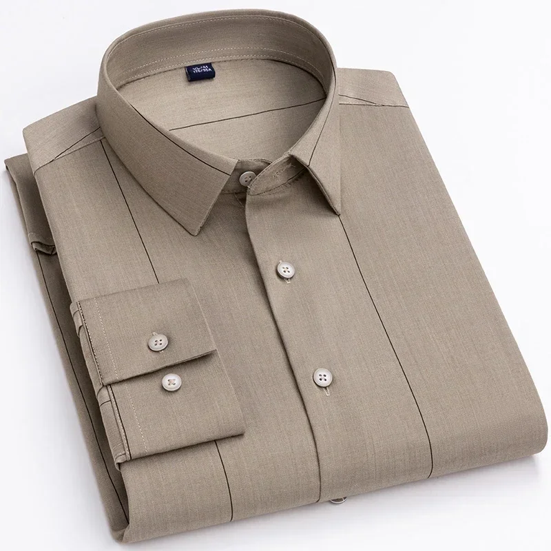 

New Men Bamboo Fiber Shirts Striped Long Sleeve Soft Solid Male Dress Shirt Iron-Free Without Front Pocket Regular Fit Blouse