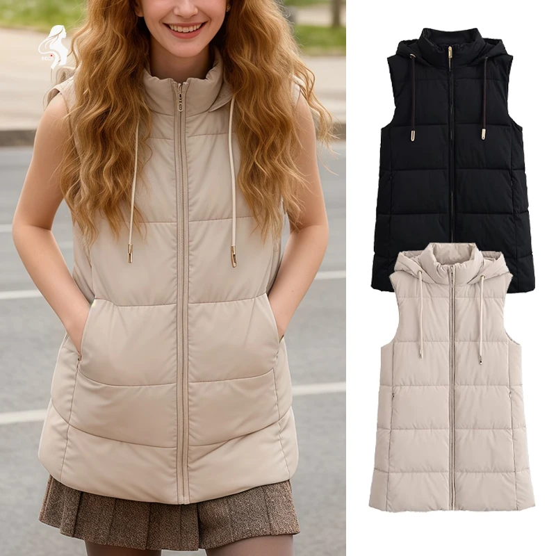 

Women's Long Cotton Vest - Hooded Sleeveless Thickened Vest with Drawstring, Long Warm Coat, Black and Beige