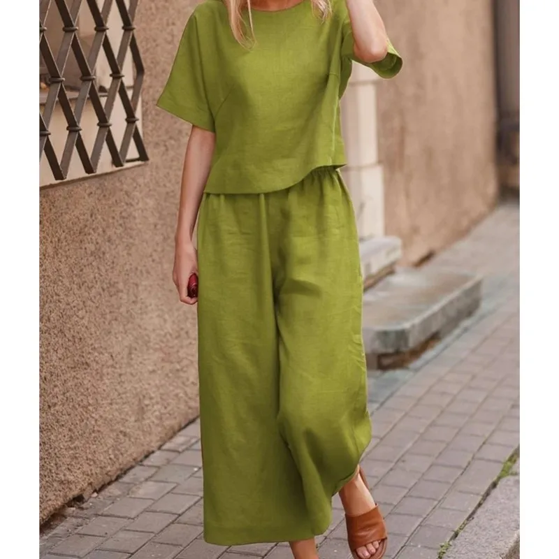 New casual women set loose solid color shirt with cotton and linen patchwork round neck short sleeved top and pants twopiece set