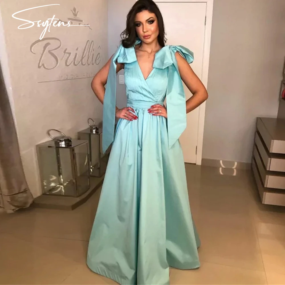 

Classy A Line Dubai Simple Evening Dresses Straps with Bow V Neck Formal Wedding Party Dress Satin Arabic Prom Gowns for Women