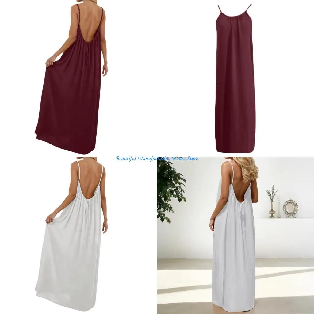 

E56A Women's Backless Loose-fitting Resort Long Dress