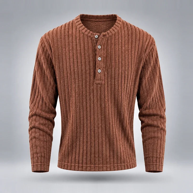 Mens Henley Neck Long Sleeve Top Vertical Striped Rib Knit Fabric Button Detail Solid Color Soft Warm Daily Casual Base Shirts