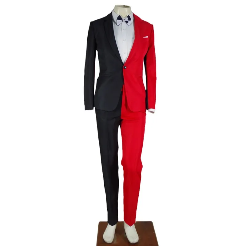 Men\'s Personality Mixed Color Suit Red Black White Splicing Blazer Pants 2 Piece Set for Stage Singer Chorus Magician Groomsman