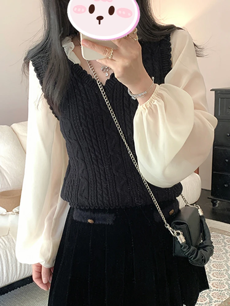 

Korean Sle Color Blo Knitted Sweater Women's Casual Loose Fit Long Sve V-Ne Top Trendy Fake Two-Piece Winter Faion