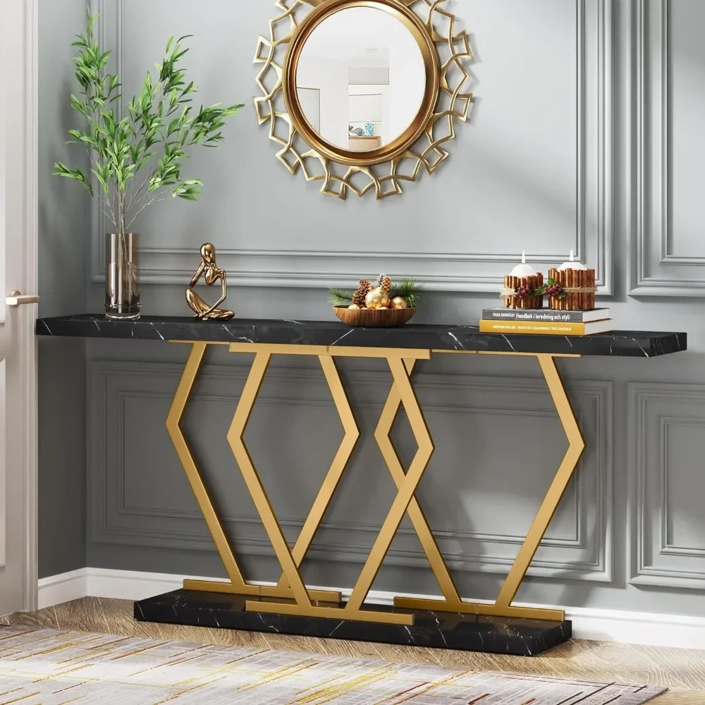 

70.9 Inch Extra Long Sofa TableBlack and Gold Console Table with Faux Marble Tabletop,Modern Long Entryway Table with Gold Frame