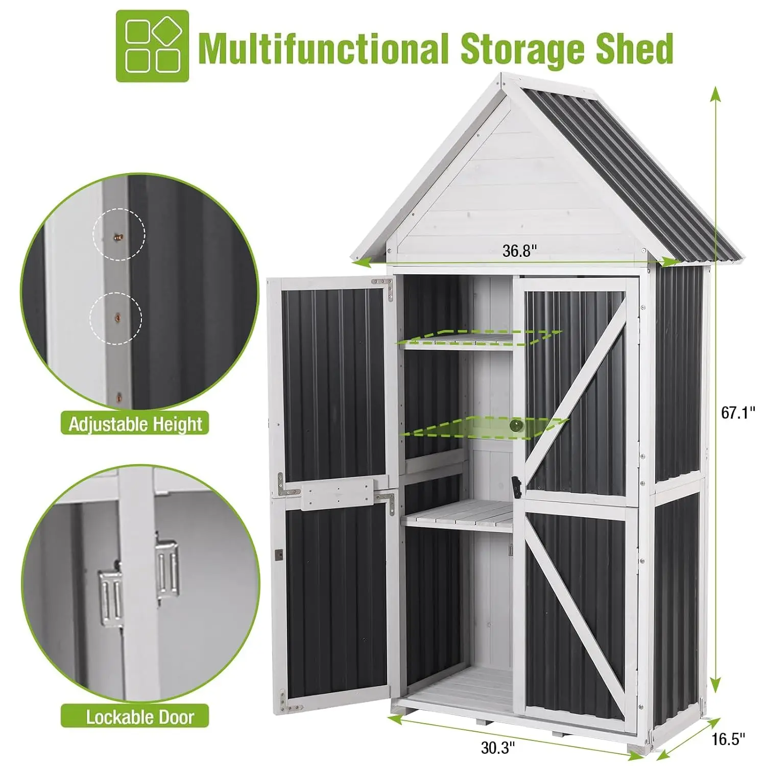 Outdoor Storage Shed Metal Frame Wooden Floor Adjustable Shelves Garden Backyard Patio 67.1" H, Customized - view 6