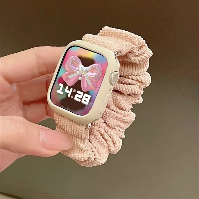 Light Pink Hair Band Strap+Case 40mm 44mm For Apple Watch Stretch Band Ultra2 49mm 41 45mm 38 42mm 40 44mm Lady Loop For iwatch