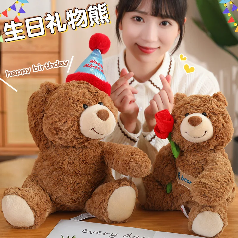 Cute Plush Bear with Hat Tilted Head Birthday Gift Bear Flower Bouquet Accessories Soft Stuffed Doll for Girls Wedding Valentine