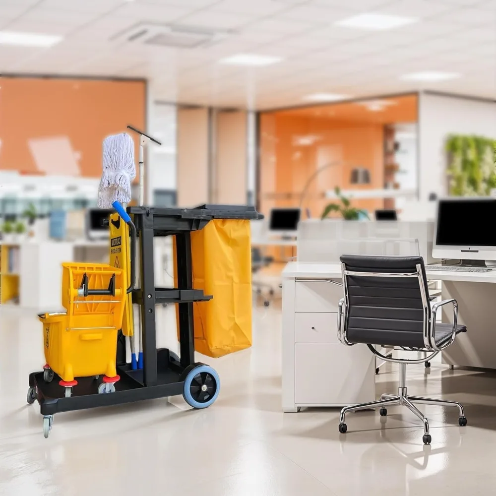Commercial Grade Cleaning Utility Cart, Yellow and Grey