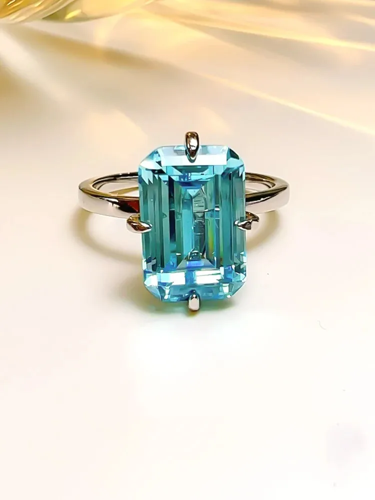 Artificial rock candy rectangular emerald cut sea blue treasure ring 925 silver imported high carbon diamond cool breeze