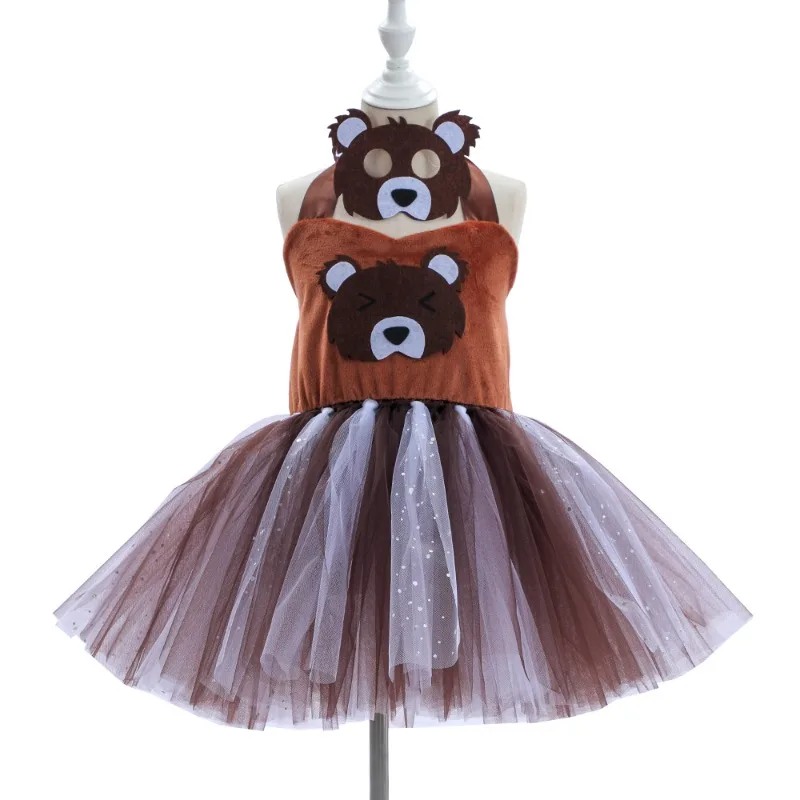 New Models Kids Girls Halloween Dress Up Cosplay Animal Theme Party Brown Bear Handmade Mesh Tutu Dress With Matching Hair Hoop