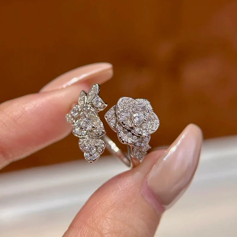 Light Luxury Inlaid Zircon Rose Plant Ring Exquisite Camellia Rings Famous Count Flower Women's Ring Jewelry KOFSAC