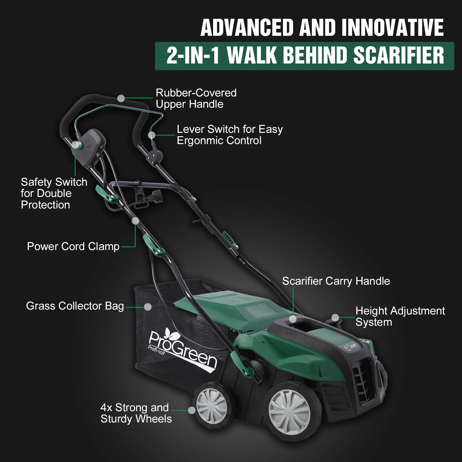 2-in-1 Garden Scarifier 16 Inch Powerful Electric Lawn Dethatcher Mower, Hand Push Lawn Mower, Electric Home Lawn Mower  15AMP motor