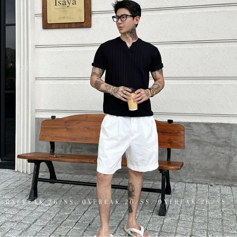 2026 Knitted Henry V-neck T-shirt Vintage Style Summer Short Sleeved T-shirt Solid Color Versatile Casual Business T-shirts