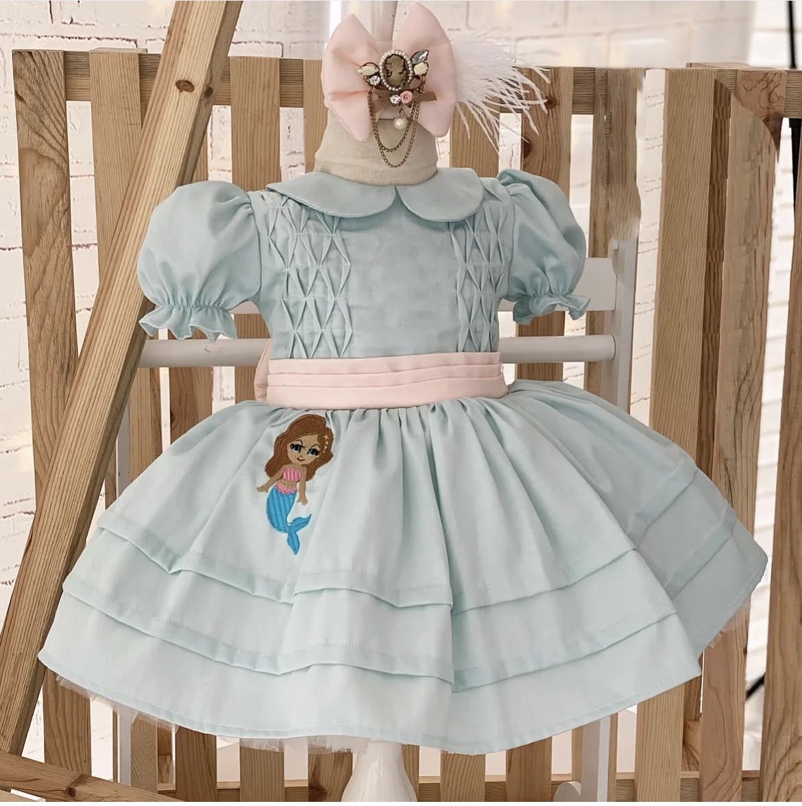 

0-12Y Baby Girl Summer Mermaid Embroidery Blue Vintage Princess Dress for Birthday Holiday Eid Photograph B85