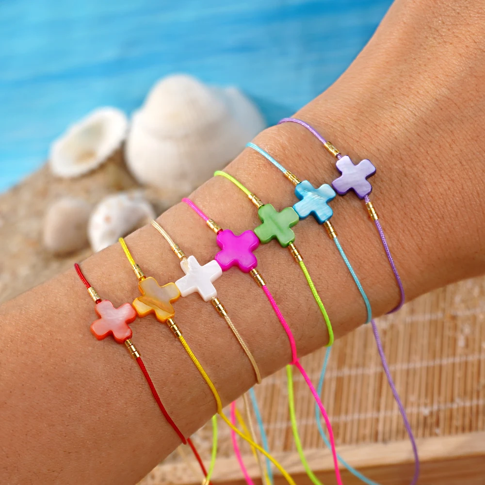 

7Pcs Colorful Cross String Bracelets Set for Women Girls, Adjustable Wax Cord, Minimalist Summer Beach Jewelry Friendship Gift