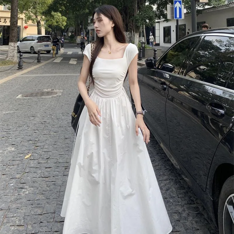 Robe d'été à col carré pour femmes, fermeture à la taille française et amincissante, Design trapèze avec cordon de serrage