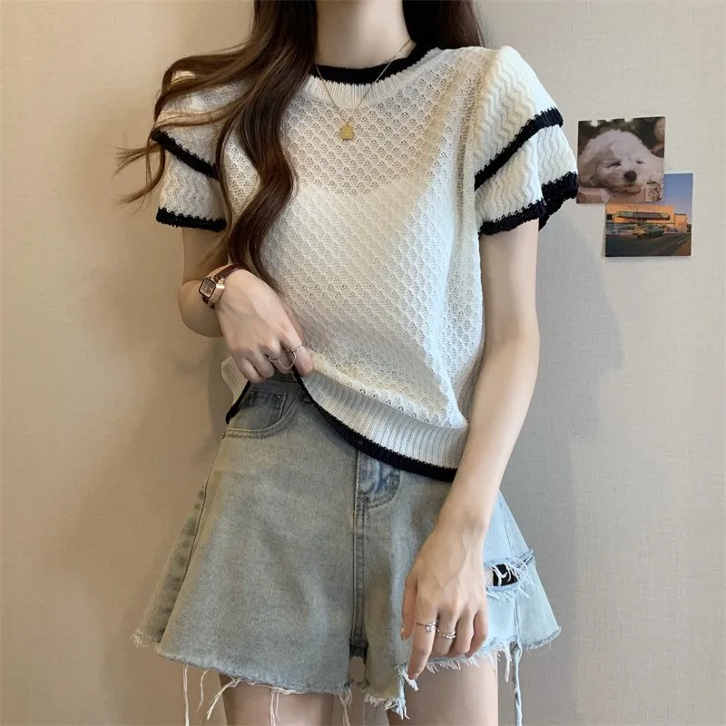 2023 Spring Summer women sweater Korean thin matching loose short-sleeved pullover Knitwear Hollow sweater NS5661