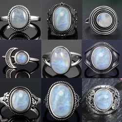 925 Sterling Silver Round Oval Natural Moonstones Ring For Women Rings Gifts Vintage Jewelry