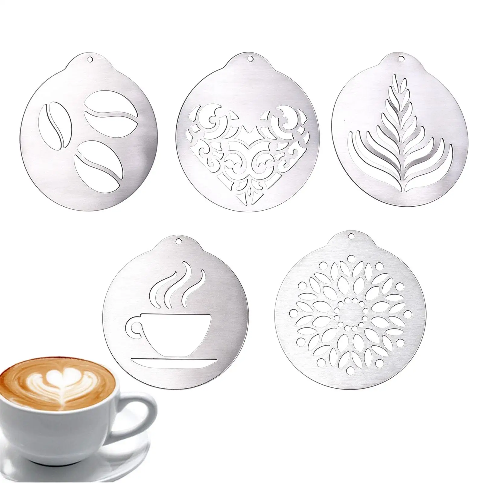 5-piece Coffee Latte Art Stencils Stainless Steel Cappuccino Templates Reusable Decorative Coffee Molds Cake Decoration Tools