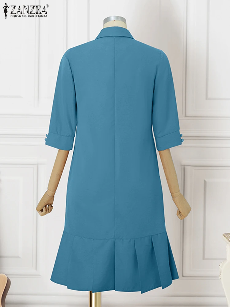 2025ZANZEA Vrouwen Zomer Shirt Jurk 3/4 Mouw Effen Kleur Knielange Zonnejurk Casual Losse Knoppen Party OL Elegante vestidos
