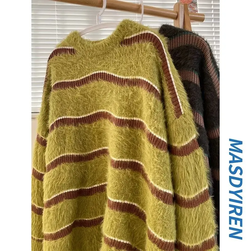 

Мужской свитер в полоску оверсайз в американском стиле, свободный вязаный кардиган с воротником-бомбер, осенне-зимний, с длинными рукавами, модный