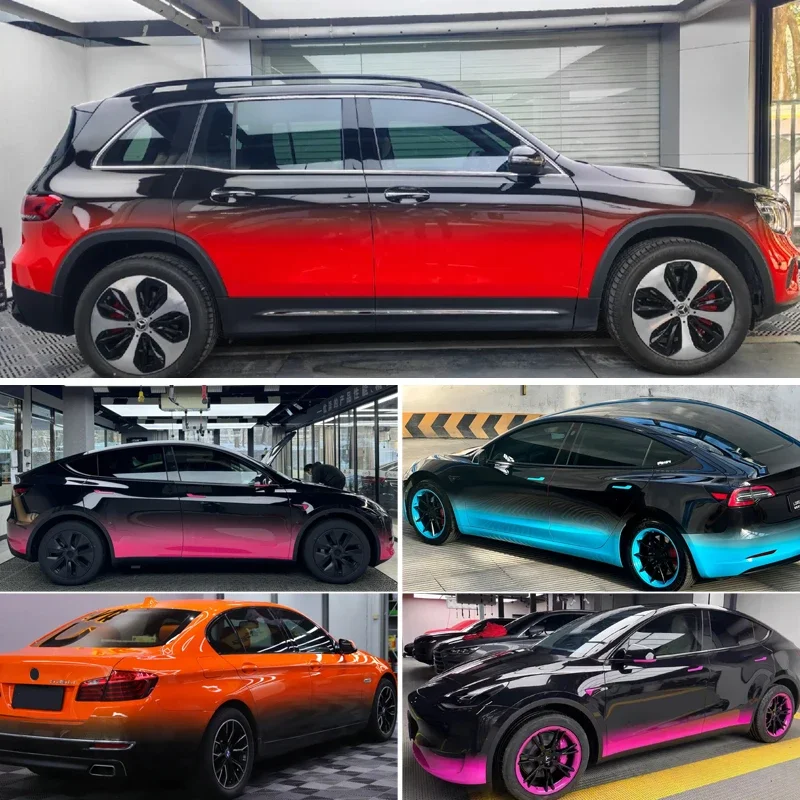 2025 PVC Auto Aanpassen Ontwerp Wikkelfolie Glanzend Zwart tot Oranje Gradiënt Auto Body Sticker Zelfklevende Auto Wrap Vinyl Film