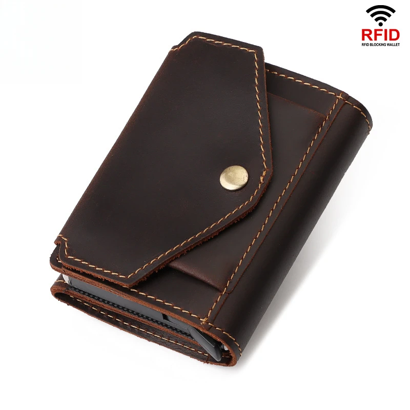 Crazy Horse Leather Coin Purse With Auto Card Dispenser Metal Case Top Grain Genuine Leather Men's Credit Card Holder