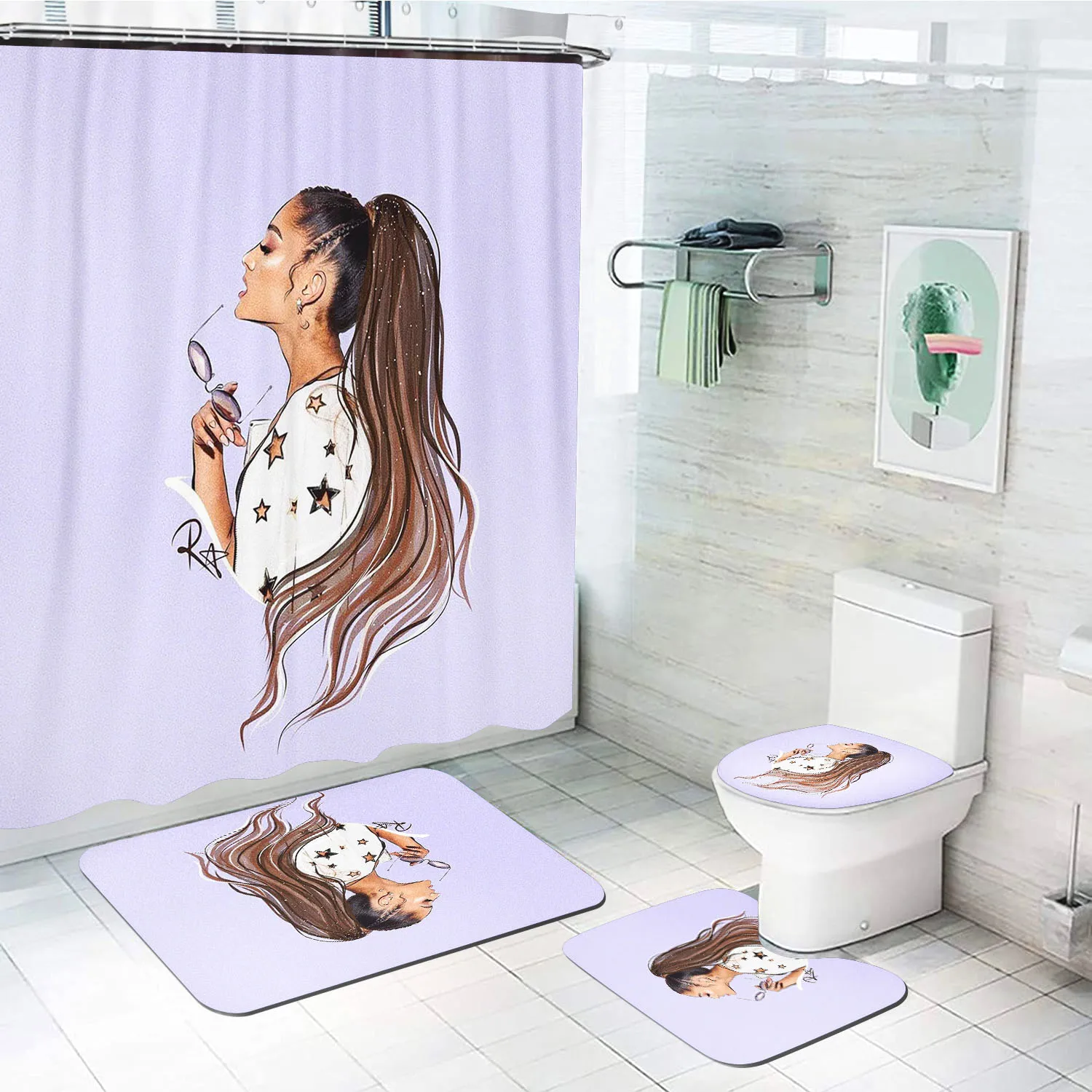 Ariana Grande-Cute Cartoon Shower Curtain, Sanrio 100% Polyester, Full Star Bathroom Curtains, Hook Up Set Decorations, 4 Pcs