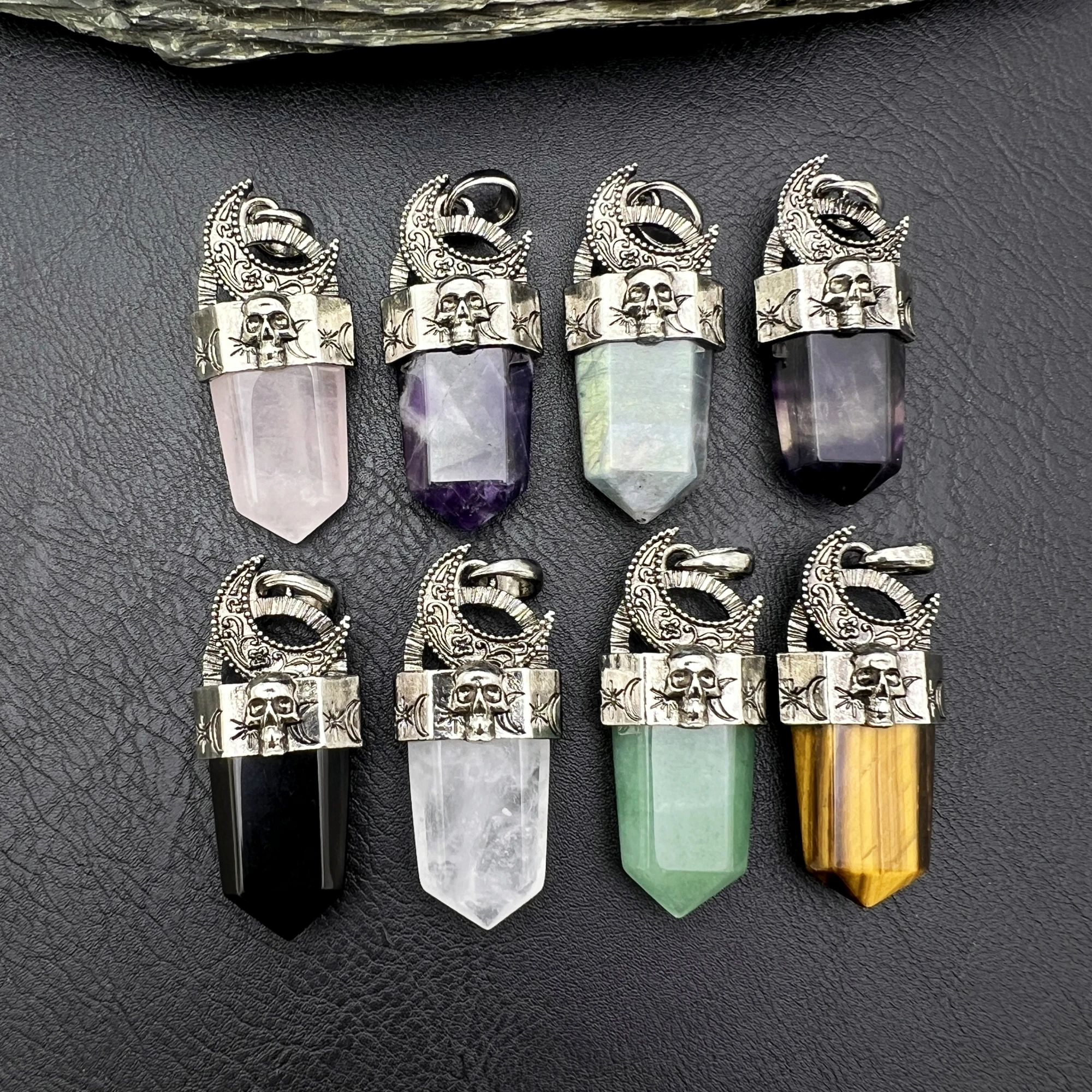 10PCS Natural Gems Amethysts Crystal Quartz Tiger Eye Stone Vintage Skull Moon Necklace Pendant MY240519