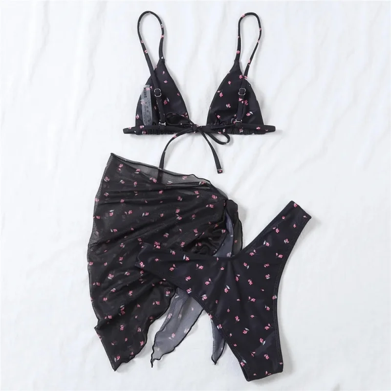 Sexy Floral Printing 3 Piece Bikini Set Women Split Triangle Swimsuit Bandage Mesh Cover Up Swimwear 2025 New Vacation Beachwear