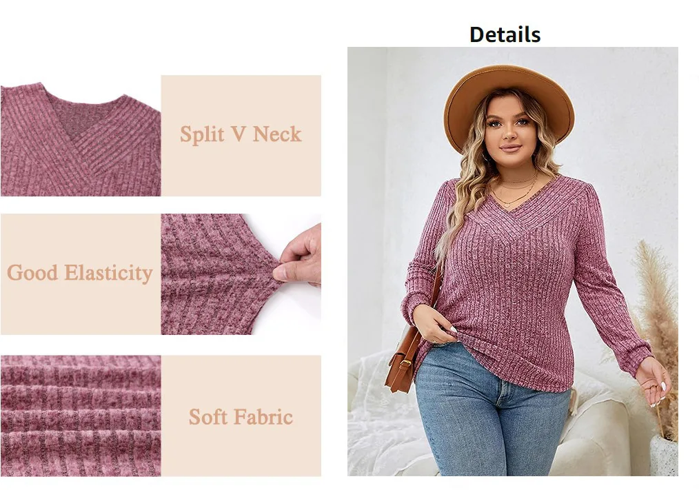 New Women's Plus Size V-neck Knitted Sweater Loose Casual Long Sleeved Sweater