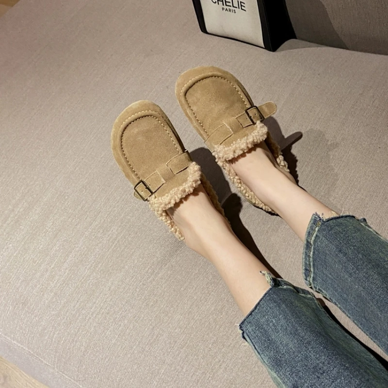 Loafers Fur Shoes Woman Flats Casual Female Sneakers Round Toe Slip-on Dress Moccasin Winter Slip on New Retro Leisure Lace-Up