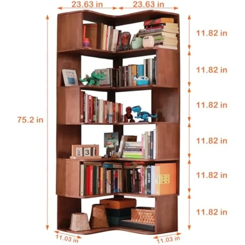 Solid Wood Corner Bookshelf Organizer, Freestanding Open Corner Display Shelf Storage Rack for Living Room, Home Office