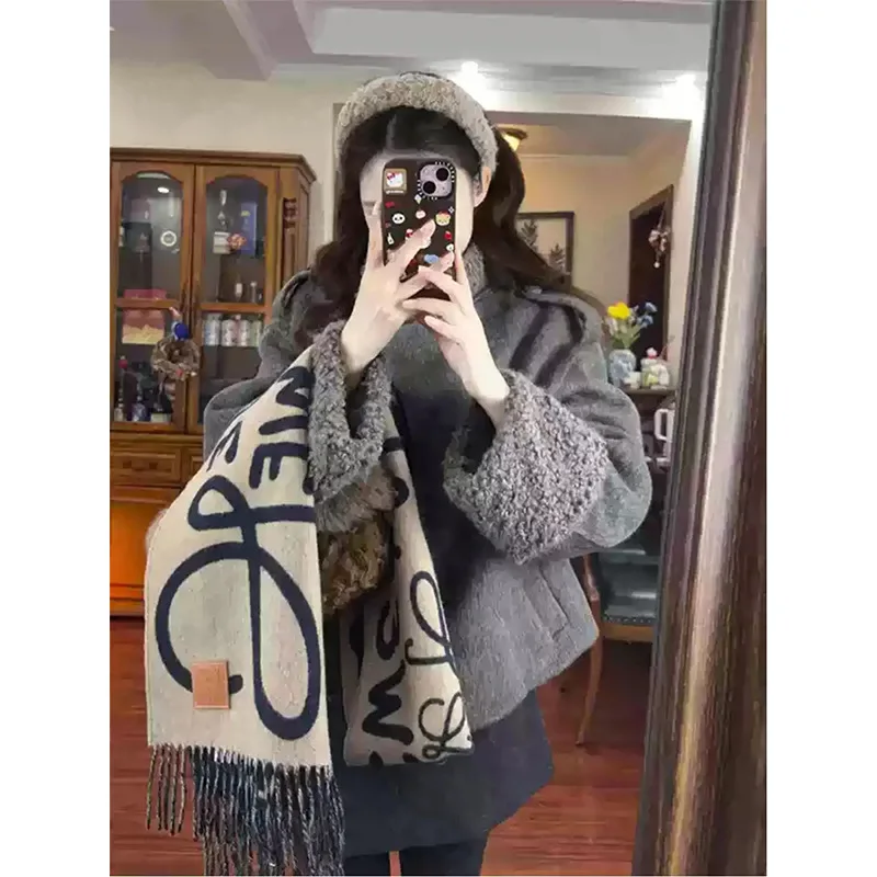 Women Grey Reversible Short Woolen Coat Fleece Lined Loose Fit Thick Warm Cropped Jacket Vintage Winter Trend Lady Outerwear