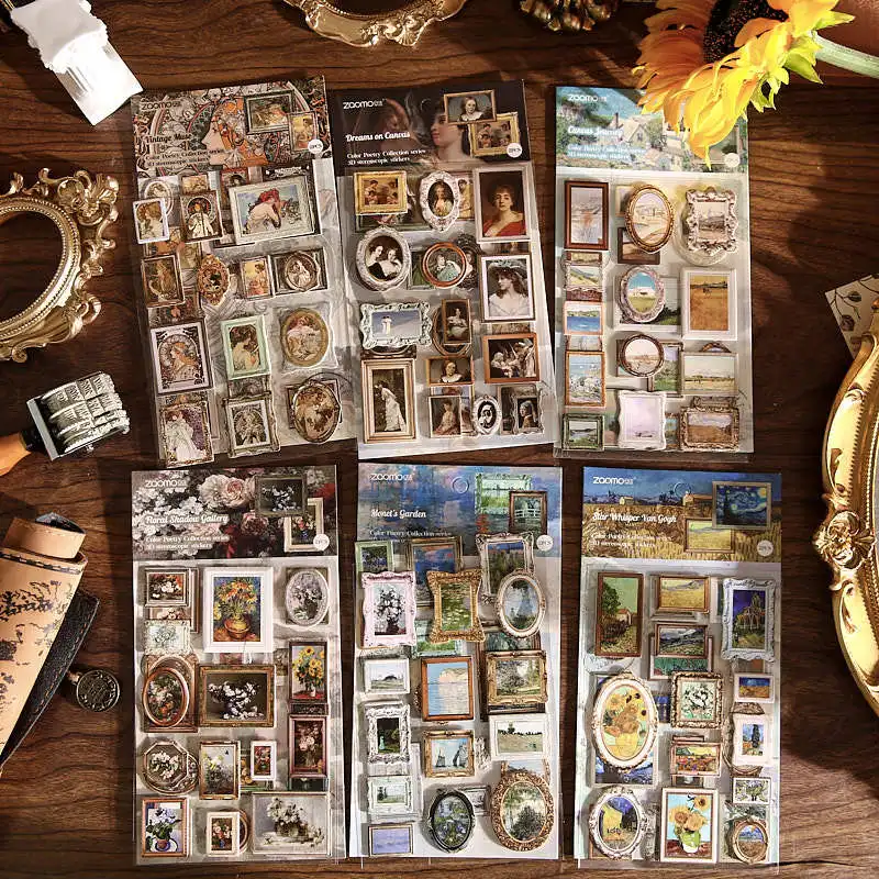 2 pcs Vintage 3D Oil Painting Stickers, DIY Handmade Album Scrapbooking Decorative Paper Supplies