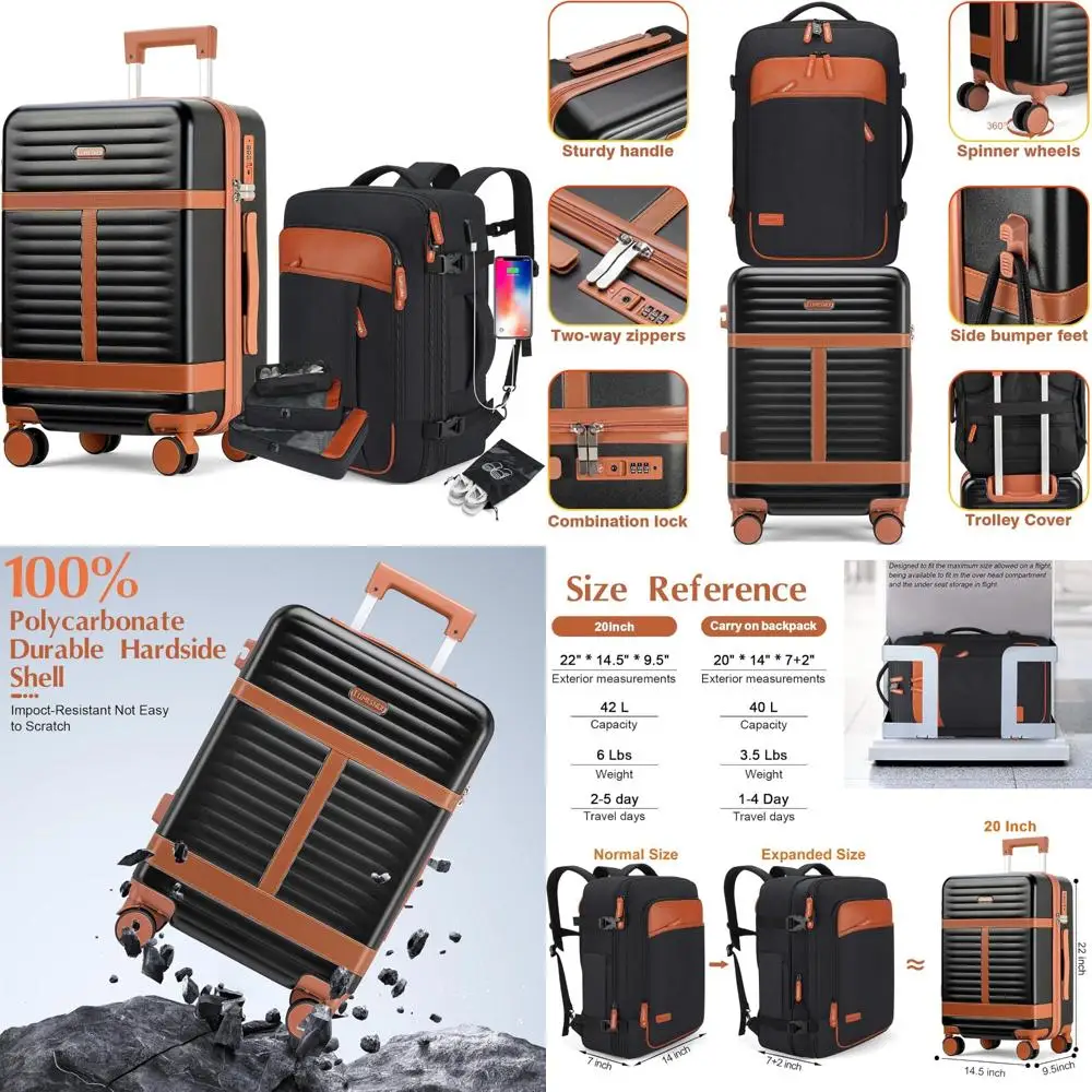 

Набор чемоданов из 5 предметов с рюкзаком, 20 чемоданов с твердой поверхностью для ручной клади, замок TSA, прочный ПК, черный