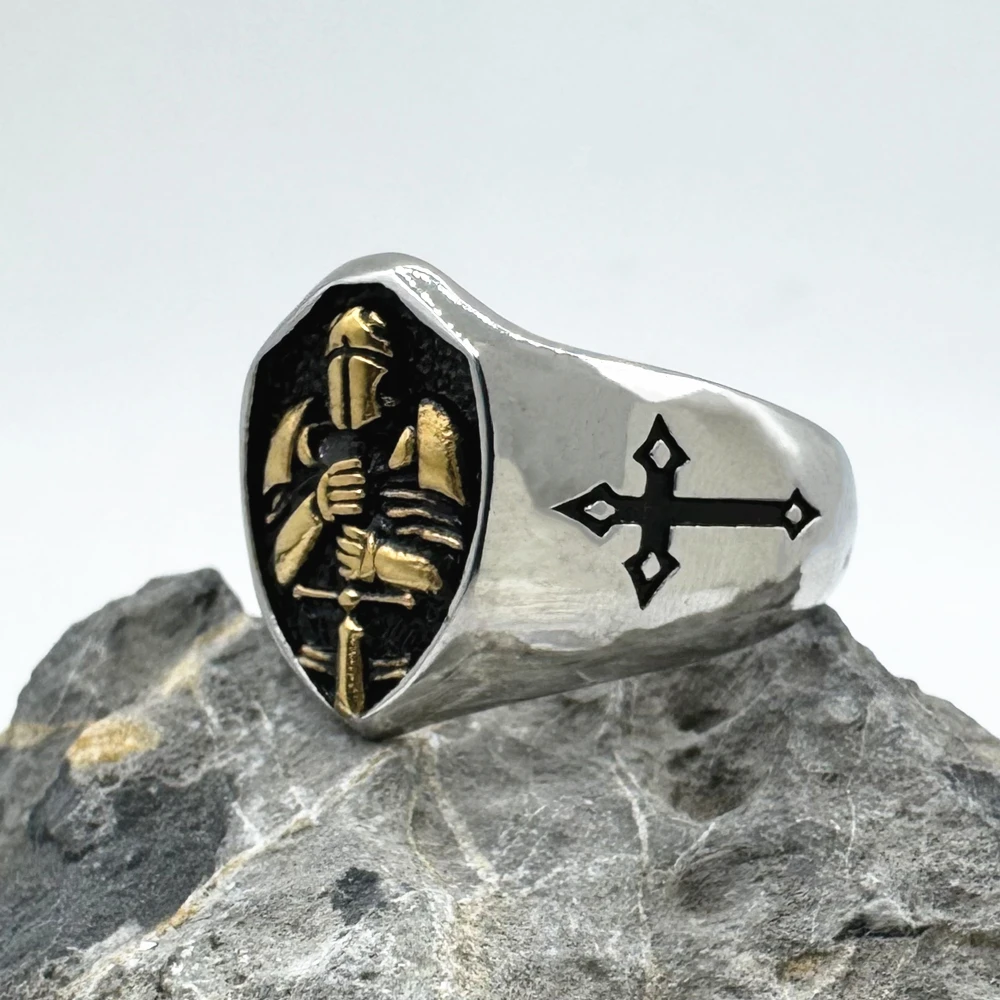 Solid Warrior Cross Ring 316L Stainless Steel Jewelry Helmet and Armor Hero Man Ring size 7-13